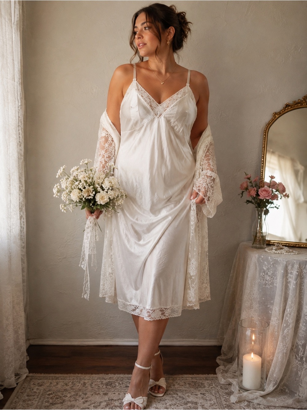 Vanity Fair Vintage 80s White Lace Trim Bridal  Semi Sheer Midi Slip Dress